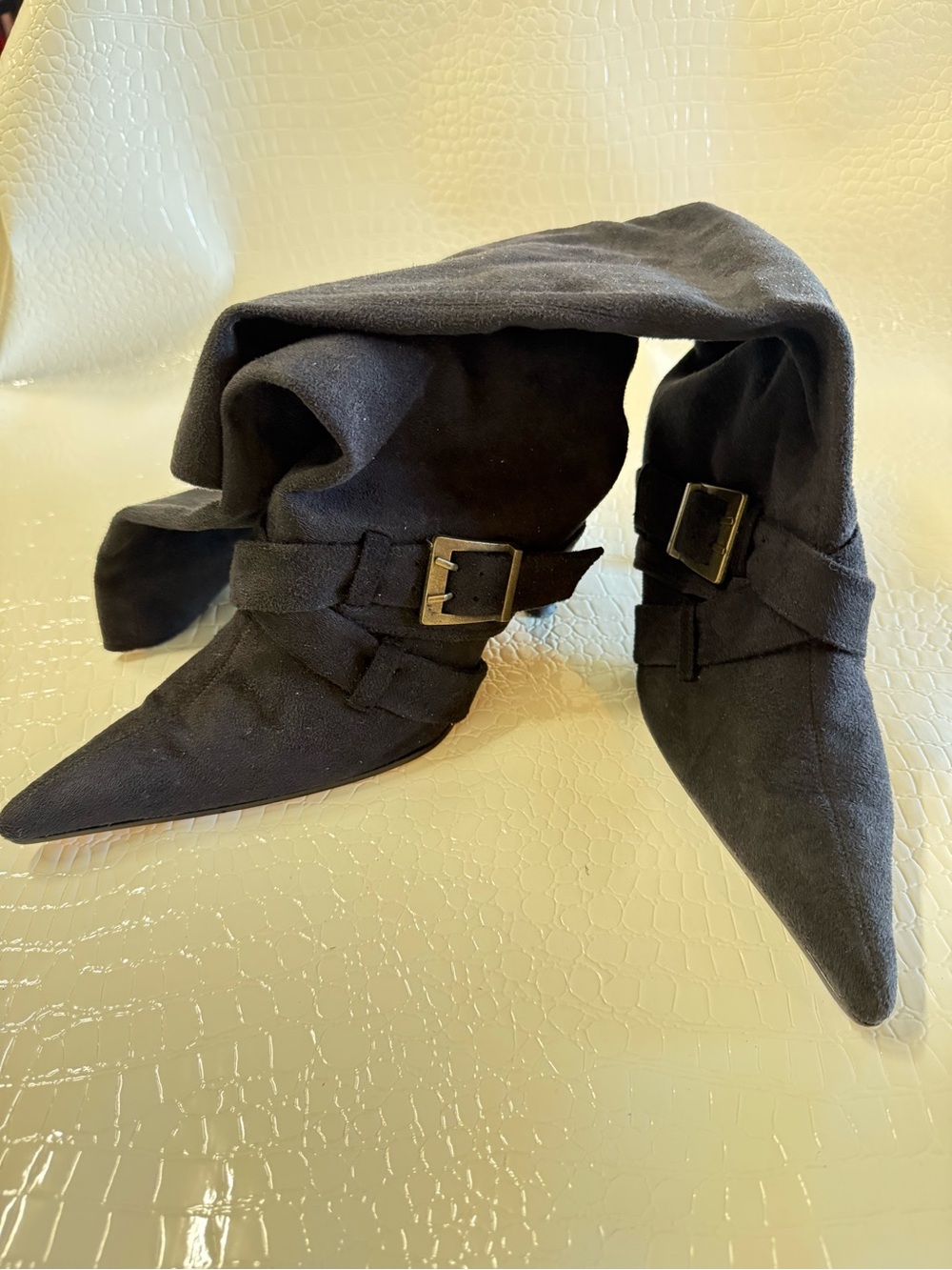 Black Pointed Suede Buckled Slouch Boots
